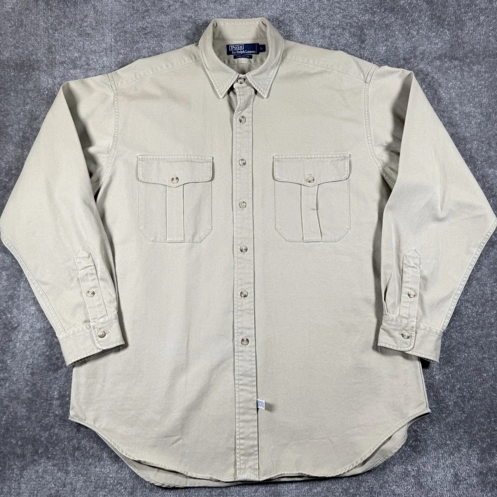 Polo Ralph Lauren Shirt Men's Large Beige Cotton Twill Work Long Sleeve Utility